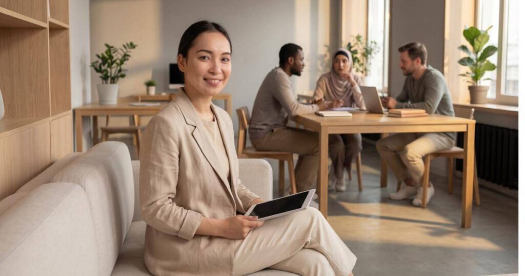 new hire smiling at camera while HR team in background prepares for onboarding