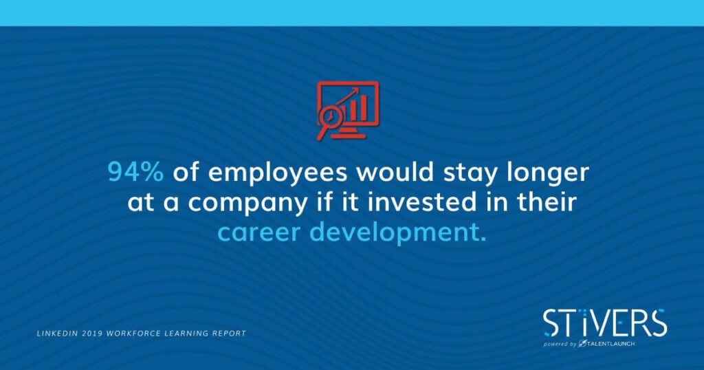 statistic that 94 percent of employees would stay longer if a company invested in their career development. Stivers logo.